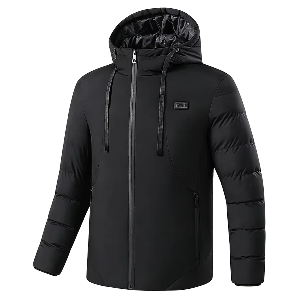 Heated hooded jacket in black, front view