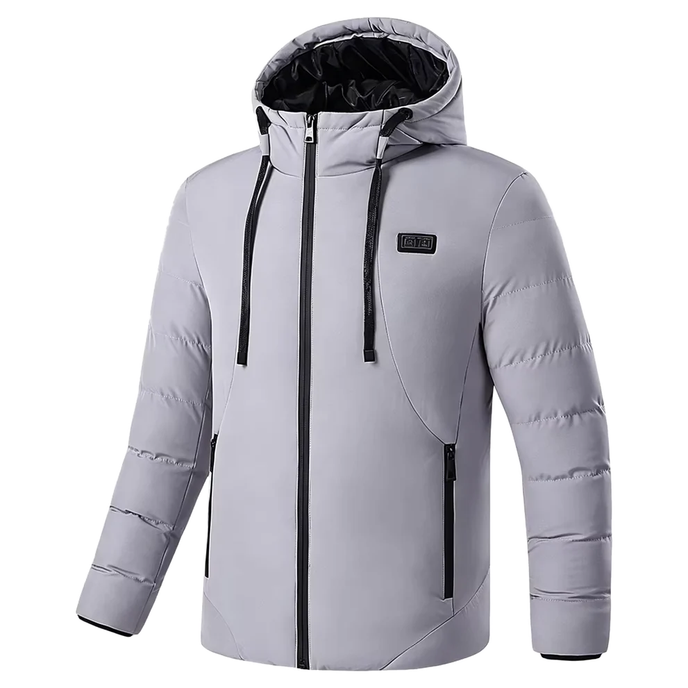 Heated hooded jacket in gray, front view