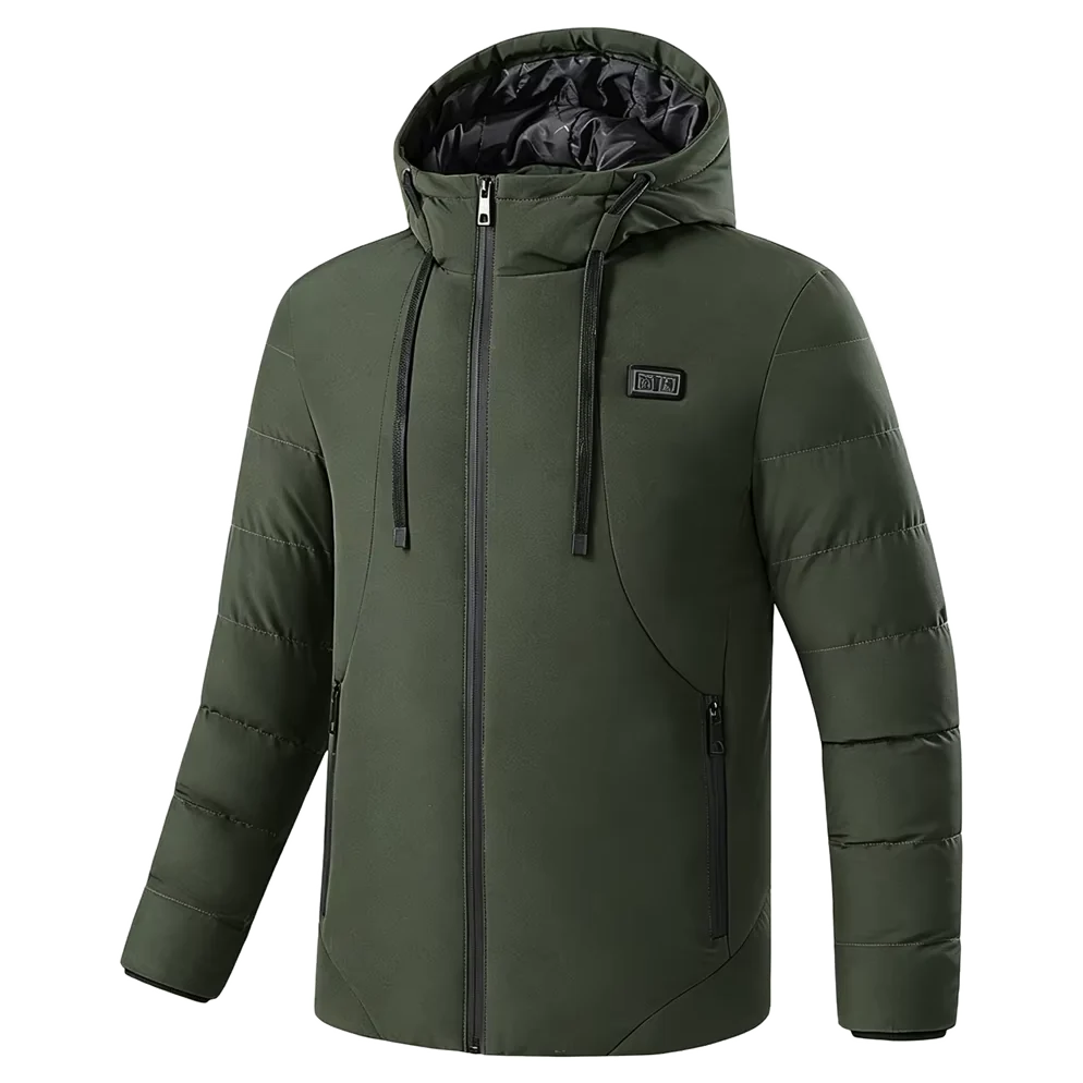 Heated hooded jacket in army green, front view