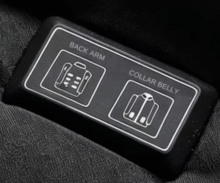 Close-up of the chest control panel: left button labeled Back Arm, right button labeled Collar Belly