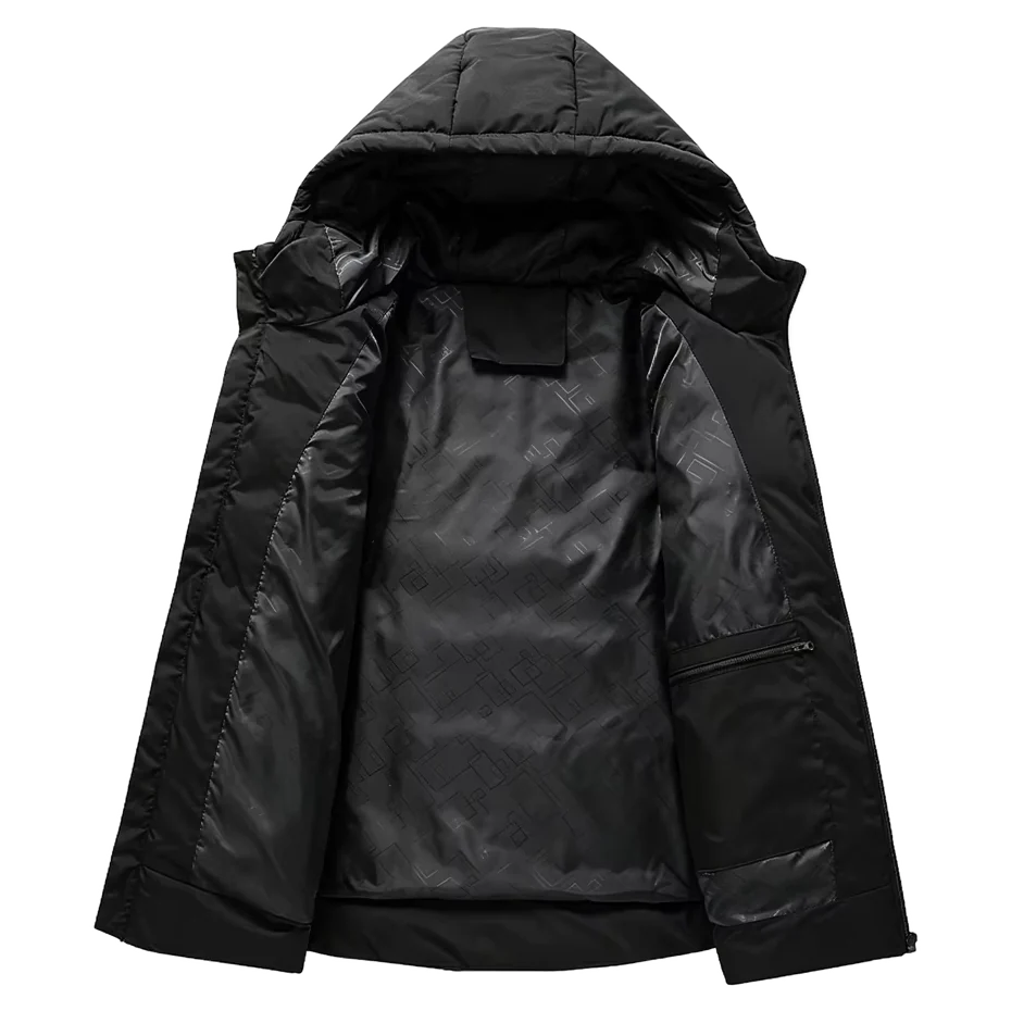 Inside of the jacket showing patterned lining and zip pocket